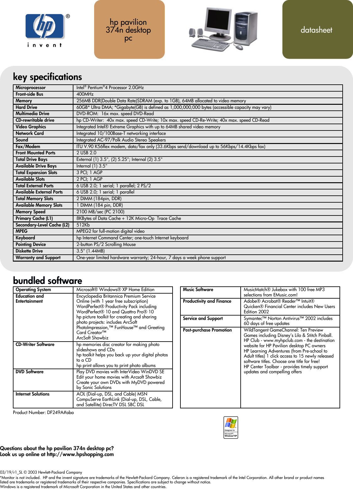 Page 1 of 1 - Hp Hp-Pavilion-374N-Desktop-Pc-Us-Specifications- Pavilion Data Sheet Hp-pavilion-374n-desktop-pc-us-specifications