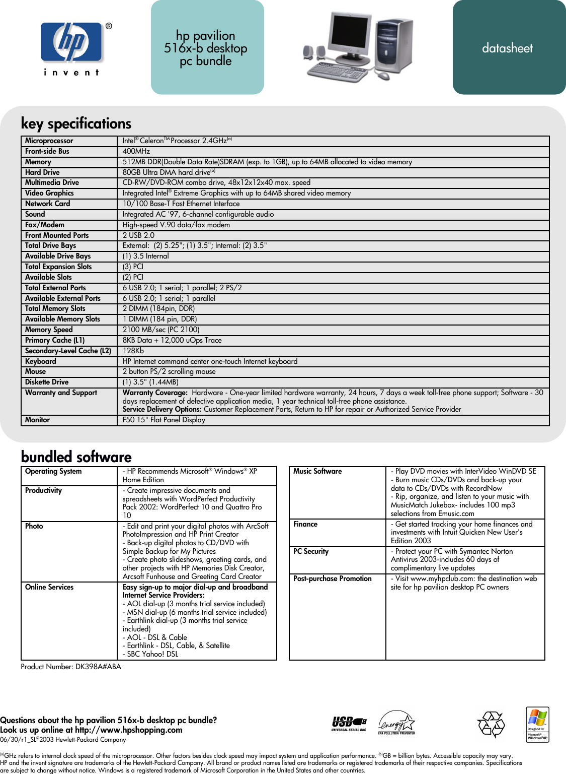 Page 1 of 1 - Hp Hp-Pavilion-516X-Desktop-Pc-Us-Specifications- Pavilion Data Sheet  Hp-pavilion-516x-desktop-pc-us-specifications