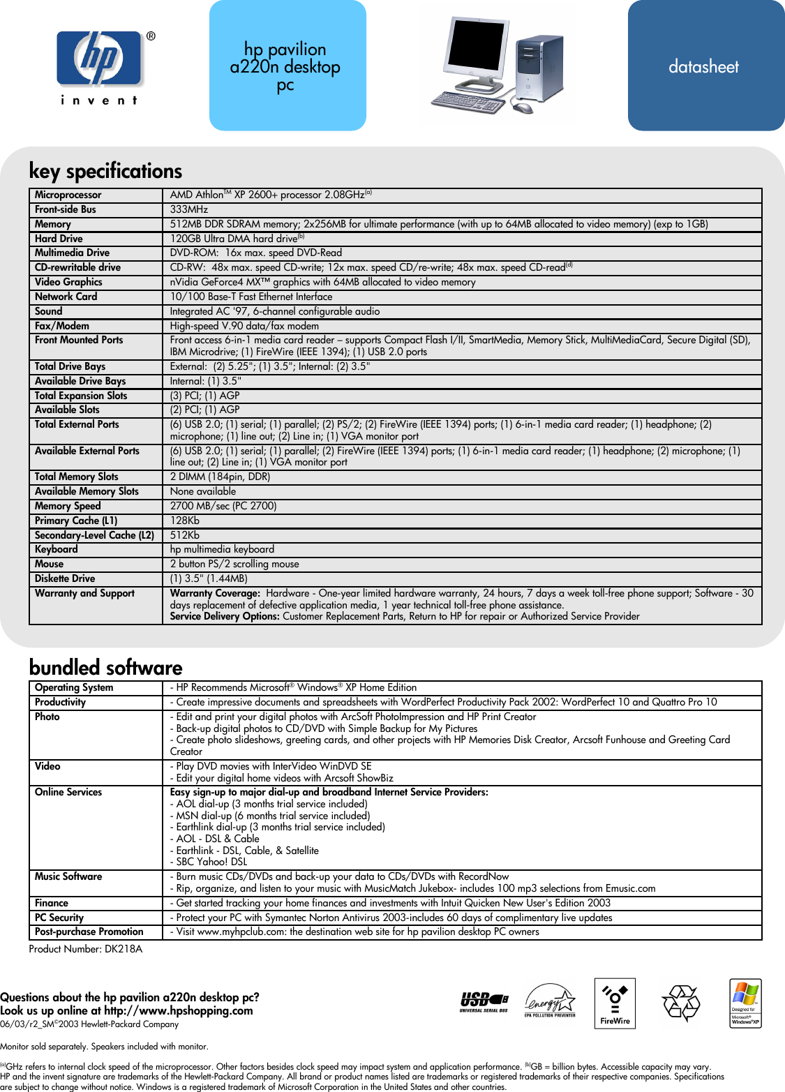 Page 1 of 1 - Hp Hp-Pavilion-A220N-Desktop-Pc-Us-Can-Specifications- Pavilion Data Sheet  Hp-pavilion-a220n-desktop-pc-us-can-specifications