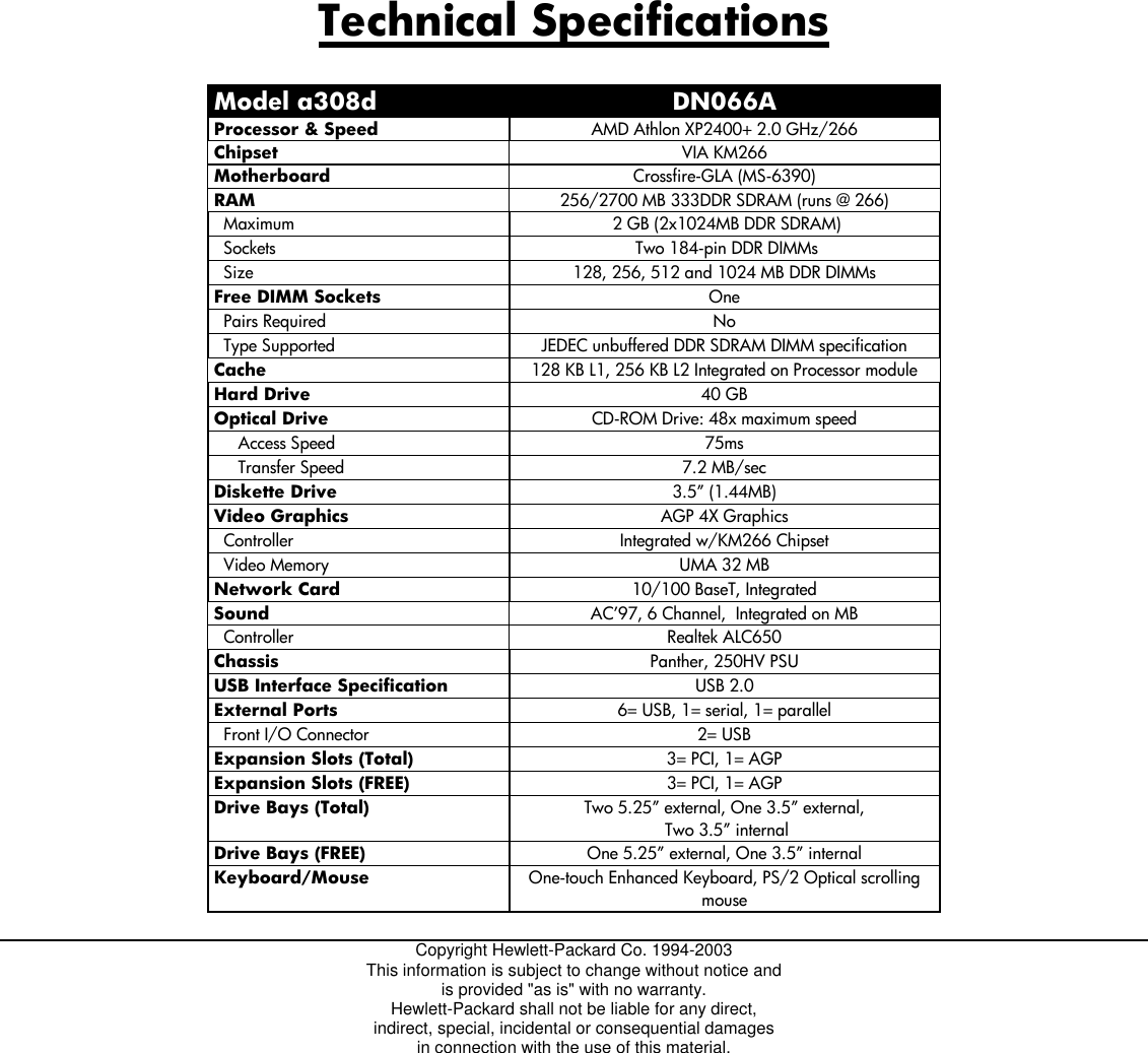 Page 1 of 1 - Hp Hp-Pavilion-A308D-Desktop-Pc-Ap-Specifications A308d_specs