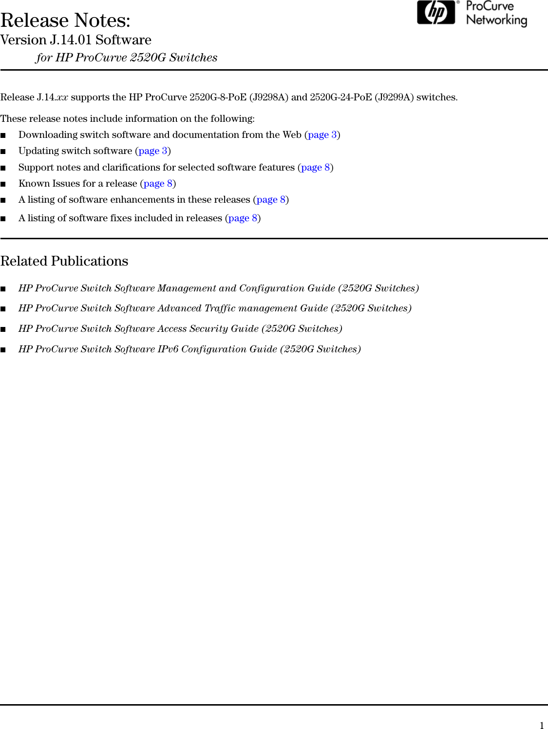 Page 1 of 10 - Hp Hp-Procurve-2520G-Users-Manual- Release Notes  Hp-procurve-2520g-users-manual