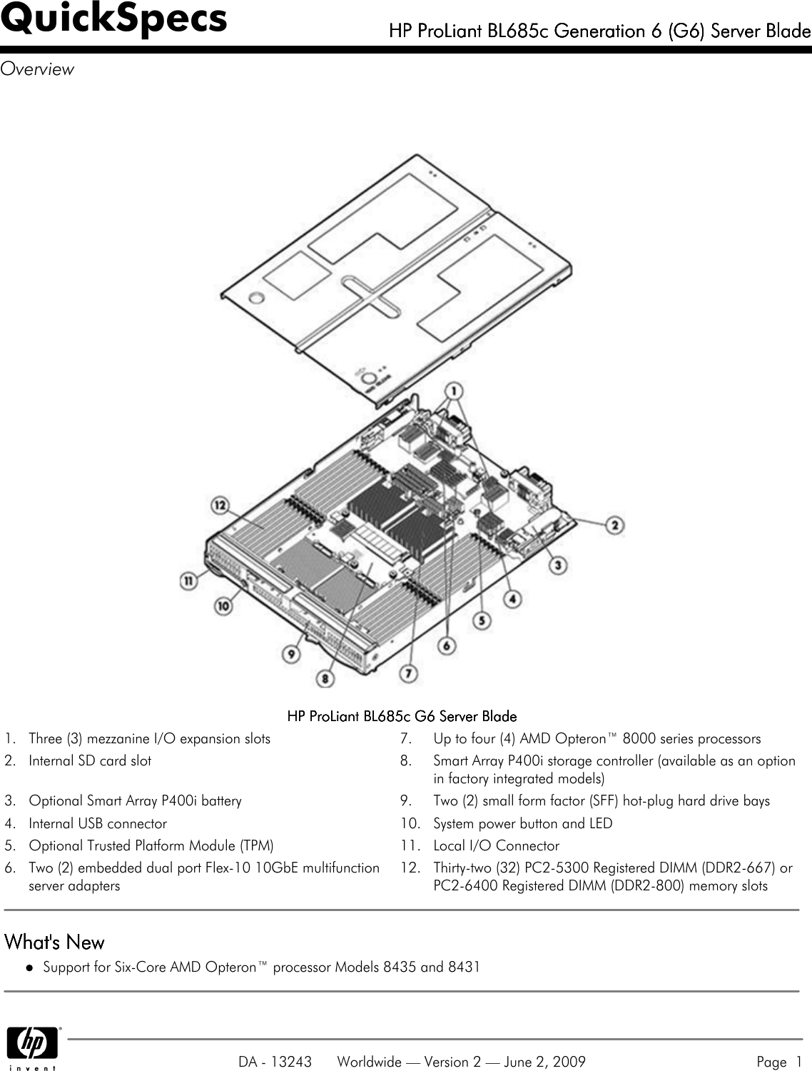 Hp Proliant Bl685C Users Manual Generation 6 (G6) Server Blade