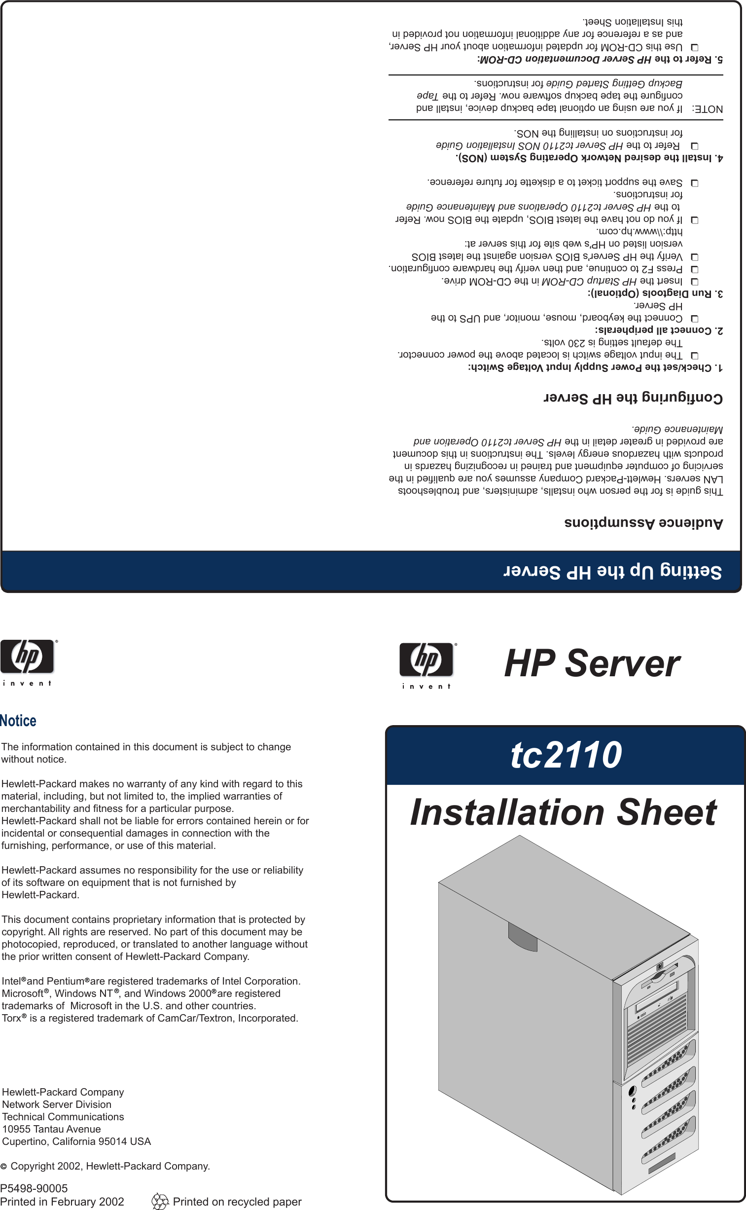 Page 1 of 4 - Hp Hp-Server-Tc2110-Installation-Sheet- Tc2110 Install ShtA  Hp-server-tc2110-installation-sheet
