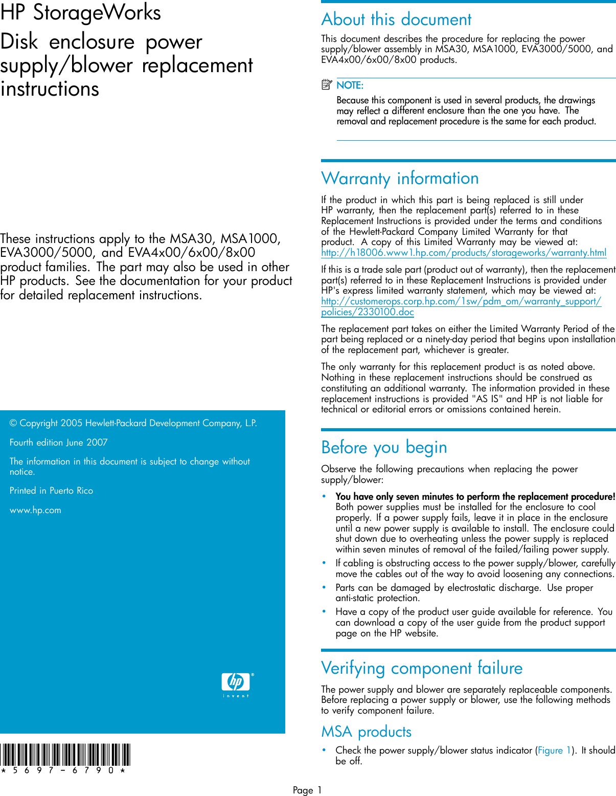 Page 1 of 3 - Hp Hp-Storageworks-Msa30-Db-Enclosure-Service-And-Maintain- StorageWorks Disk Enclosure Power Supply/blower Replacement Instructions  Hp-storageworks-msa30-db-enclosure-service-and-maintain