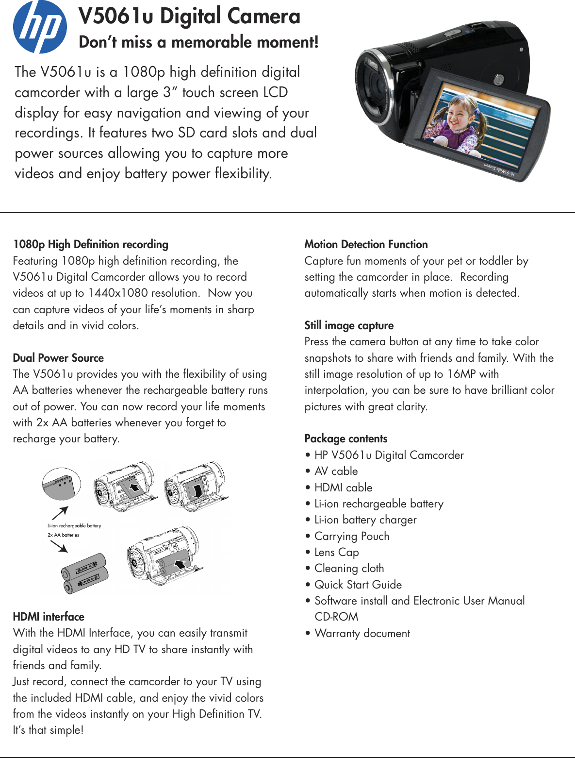 Page 1 of 2 - Hp Hp-V5061H-Digital-Camcorder-Data-Sheet- V5061u_datasheet_1  Hp-v5061h-digital-camcorder-data-sheet