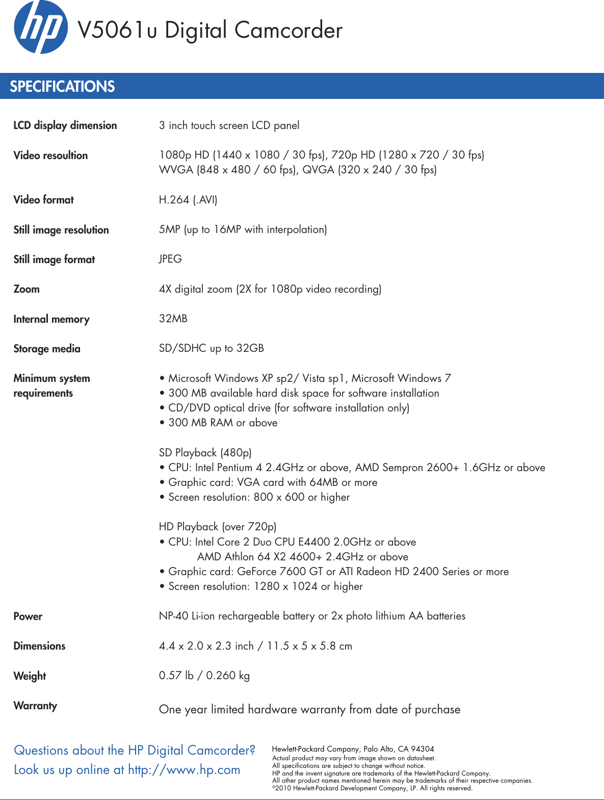 Page 2 of 2 - Hp Hp-V5061H-Digital-Camcorder-Data-Sheet- V5061u_datasheet_1  Hp-v5061h-digital-camcorder-data-sheet