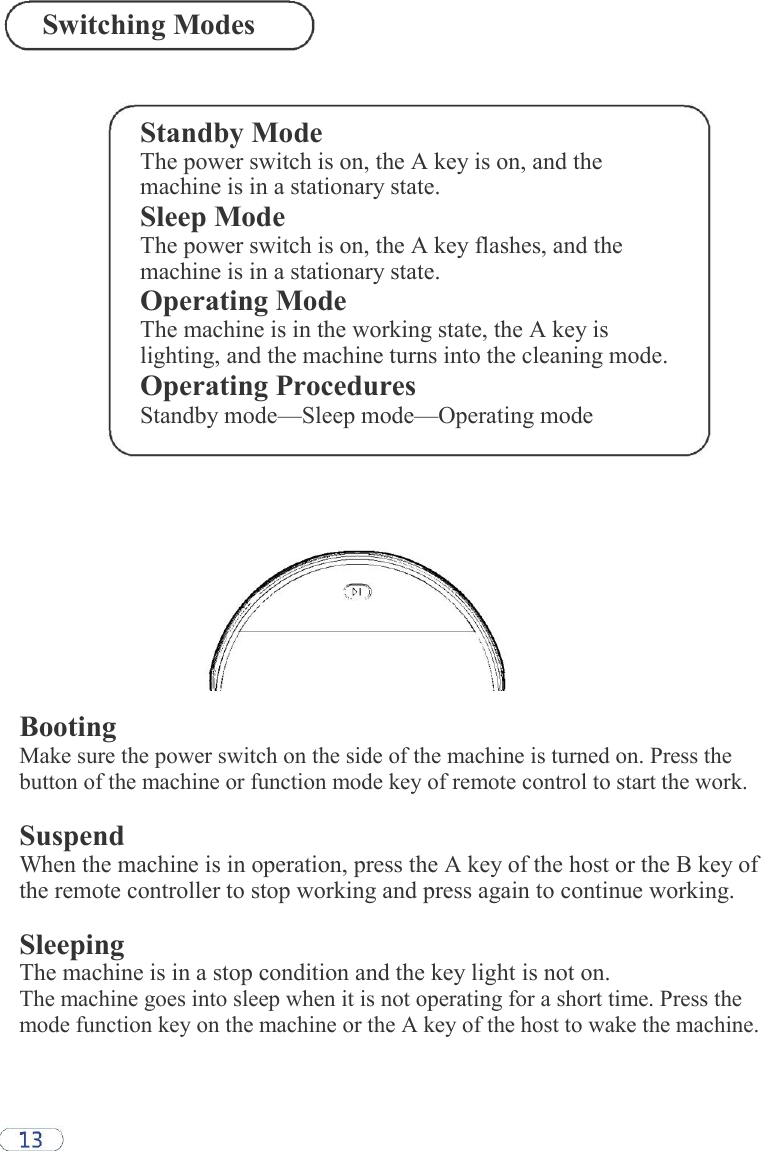 Switching Modes    Standby Mode The power switch is on, the A key is on, and the machine is in a stationary state. Sleep Mode The power switch is on, the A key flashes, and the machine is in a stationary state. Operating Mode The machine is in the working state, the A key is lighting, and the machine turns into the cleaning mode. Operating Procedures Standby mode—Sleep mode—Operating mode              Booting  Make sure the power switch on the side of the machine is turned on. Press the button of the machine or function mode key of remote control to start the work.  Suspend  When the machine is in operation, press the A key of the host or the B key of the remote controller to stop working and press again to continue working.  Sleeping The machine is in a stop condition and the key light is not on.  The machine goes into sleep when it is not operating for a short time. Press the mode function key on the machine or the A key of the host to wake the machine.  