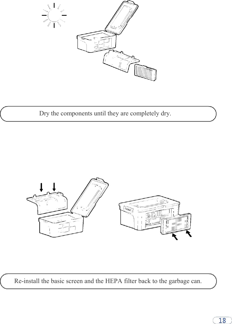                 Dry the components until they are completely dry.                          Re-install the basic screen and the HEPA filter back to the garbage can.  