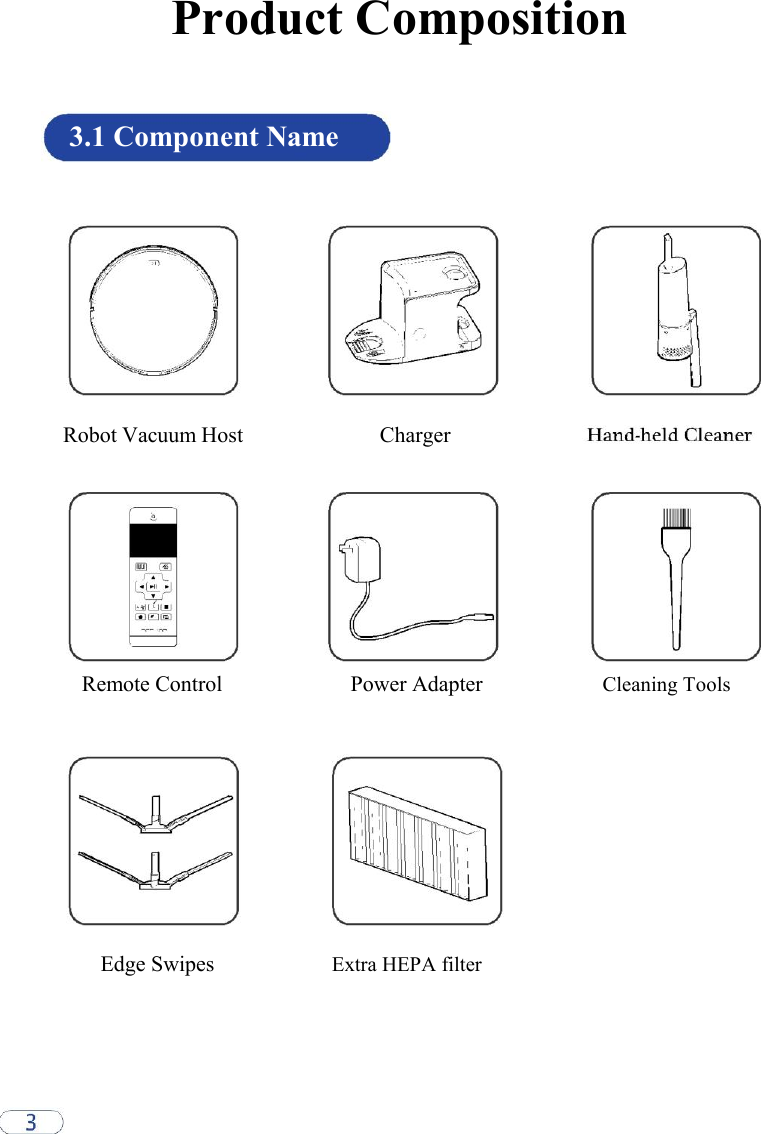 Product Composition    3.1 Component Name             Robot Vacuum Host Charger           Remote Control Power Adapter Cleaning Tools             Edge Swipes Extra HEPA filter 