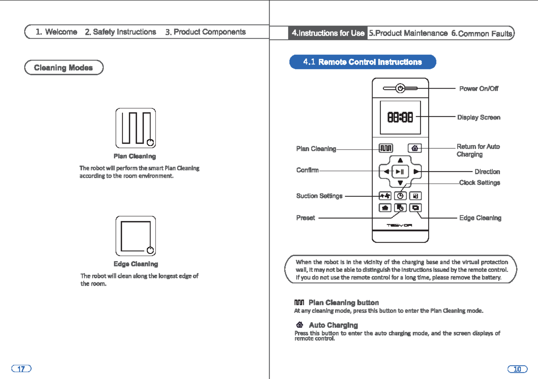 1. Welcome 2. Safety Instructions  3. Product Components (  Cleaning Modes  ) lJU1 Plan Cleanlng The robotwlll perform the smart Plan Oeanlng according to the room environment. D Eda• Cleaning Th~ nibot will dean alons the lonse,rt edge of the room. •  4.lnstructions for Use  S.Product Maintenance 6.Common Faults 4.1 Remote Control lnltnlcttons ee:ee ~I--Display Screen ·+----Return for Auto Charging M-+----Direction L.:!,cf----t----&lt;;:IOCIC Settings Preset -------t--YI----Edge Cleaning When the robot Is In the llkfnlty of me charglns base and the 111rwal pl&apos;OU!Ctlon wall, It may not be able to distinguish the lnstructSons Issued by the remote control. If you do not use the remote control for a lon,g time, please remDVe the battery. llM  Plan Cleaning button At any cleaning mode, press this button to enter the Plan Oeanlng mode. &lt;il Auto Charging Pnls$ this button to enter the auto dlars:ir1111 mode, and the saeen displ;iys of remote control. 
