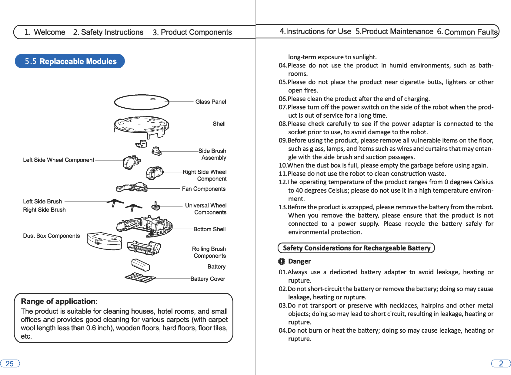 1. Welcome 2. Safety Instructions 3. Product Components 5 .5 Replaceable Modules c ____ =~---------Glass Panel ~:::::~*&apos;&gt;-------Shell ~ •Q,__-----Side Brush Left Side Wheel Component ------({)II Assembly ~Right Side Wheel ~ Component ai.dJ----Fan Components Left Side Brush ------..-&quot;&quot;&apos;rPI-&quot;&quot;&quot; ...+..,. ~~--Universal Wheel Right Side Brush -----0 -Components Dust Box Components~ Range of application: ~----Rolling Brush Components ~&gt;-----------Battery -Battery Cover The product is suitable for cleaning houses, hotel rooms, and small offices and  provides good cleaning for various carpets (with carpet wool length less than 0.6 inch), wooden floors, hard floors, floor tiles, etc. 4.lnstructions for Use  5.Product Maintenance 6. Common Faults long-term exposure to sunlight. 04.Please  do not use the  product  in  humid  environments, such as bath-rooms. OS.Please do  not place  the product near  cigarette  butts,  lighters or other open fires. 06.Please clean the product after the end of charging. 07.Please turn off the power switch on the side of the robot when the prod-uct is out of service for a long time. 08.Please  check  carefully to see if the power adapter is connected to the socket prior to use, to avoid damage to the robot. 09.Before using the product, please remove all vulnerable items on the floor, such as glass, lamps, and items such as wires and curtains that may entan-gle with the side brush and suction passages. 10.When the dust box is full, please empty the garbage before using again. 11.Please do not use the robot to clean construction waste. 12.The operating temperature of the product ranges from 0 degrees Celsius to 40 degrees Celsius;  please do not use it in a high temperature environ-ment. 13.Before the product is scrapped, please remove the battery from the robot. When  you  remove  the  battery,  please  ensure that the  product is not connected to a  power  supply. Please recycle  the  battery  safely  for environmental protection. ( Safety Considerations for Rechargeable Battery) 0 Danger 01.Always use a  dedicated  battery  adapter to avoid  leakage,  heating or rupture. 02.Do not short-circuit the battery or remove the battery; doing so may cause leakage, heating or rupture. 03.Do  not transport or preserve  with necklaces,  hairpins and  other metal objects; doing so may lead to short circuit, resulting in leakage, heating or rupture. 04.Do not burn or heat the battery; doing so may cause leakage,  heating or rupture. 