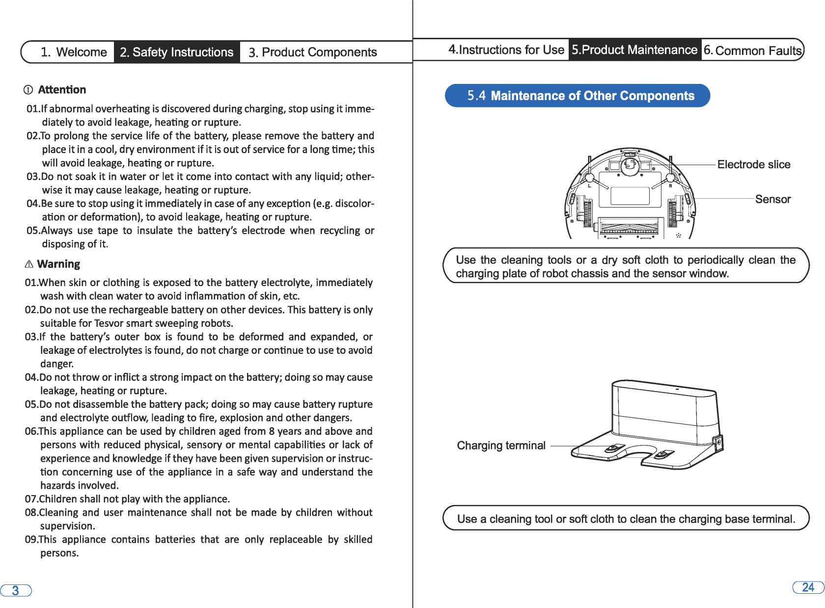 1. Welcome 2. Safety Instructions 3. Product Components CD Attention 01.lf abnormal overheating is discovered during charging, stop using it imme-diately to avoid leakage, heating or rupture. 02.To prolong the service life of the battery, please  remove the battery and place it in a cool, dry environment if it is out of service for a long time; this will avoid leakage, heating or rupture. 03.Do not soak it in  water or let it come into contact with any liquid; other-wise it may cause leakage, heating or rupture. 04.Be sure to stop using it immediately in case of any exception (e.g. discolor-ation or deformation), to avoid leakage, heating or rupture. OS.Always use tape to insulate  the  battery&apos;s  electrode  when  recycling or disposing of it. &amp;  Warning 01.When skin or clothing is exposed to the battery electrolyte, immediately wash with clean water to avoid inflammation of skin, etc. 02.Do not use the rechargeable battery on other devices. This battery is only suitable for Tesvor smart sweeping robots. 03.lf the  battery&apos;s  outer box is found to be deformed  and  expanded, or leakage of electrolytes is found, do not charge or continue to use to avoid danger. 04.Do not throw or inflict a strong impact on the battery; doing so may cause leakage, heating or rupture. OS.Do not disassemble the battery pack; doing so may cause battery rupture and electrolyte outflow, leading to fire, explosion and other dangers. 06.This appliance can be used  by children aged from 8 years and  above and persons with reduced  physical,  sensory or mental capabilities or lack of experience and knowledge if they have been given supervision or instruc-tion concerning use of the appliance in  a safe way and  understand the hazards involved. 07.Children shall not play with the appliance. OS.Cleaning and  user  maintenance  shall not be made  by  children without supervision. 09.This  appliance  contains  batteries that are  only  replaceable  by  skilled persons. 4.lnstructions for Use  5.Product Maintenance 6. Common Faults 5 .4  Maintenance of Other Components ~ [  ] ll]u\\----sensor @11~~1~® Use  the  cleaning  tools  or a dry soft cloth  to  periodically clean  the charging plate of robot chassis and the sensor window. Use a cleaning tool or soft cloth to clean the charging base terminal. 