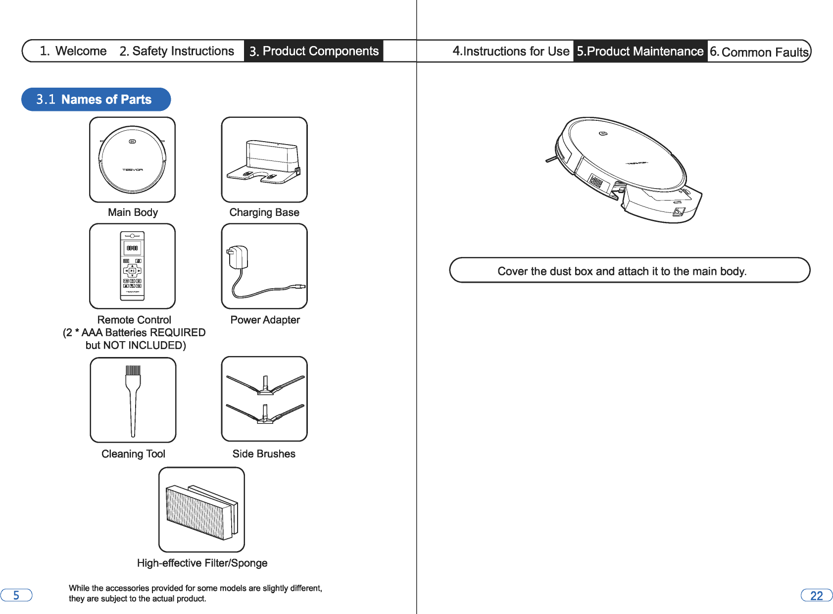 1. Welcome 2. Safety Instructions 3. Product Components 3 .1 Names of Parts Main Body Remote Control (2 *AAA Batteries REQUIRED but NOT INCLUDED) Cleaning Tool Charging Base Power Adapter Side Brushes High-effective Filter/Sponge While the accessories provided for some models are slightly different, they are subject to the actual product. 4.lnstructions for Use  5.Product Maintenance 6. Common Faults Cover the dust box and attach it to the main body. 