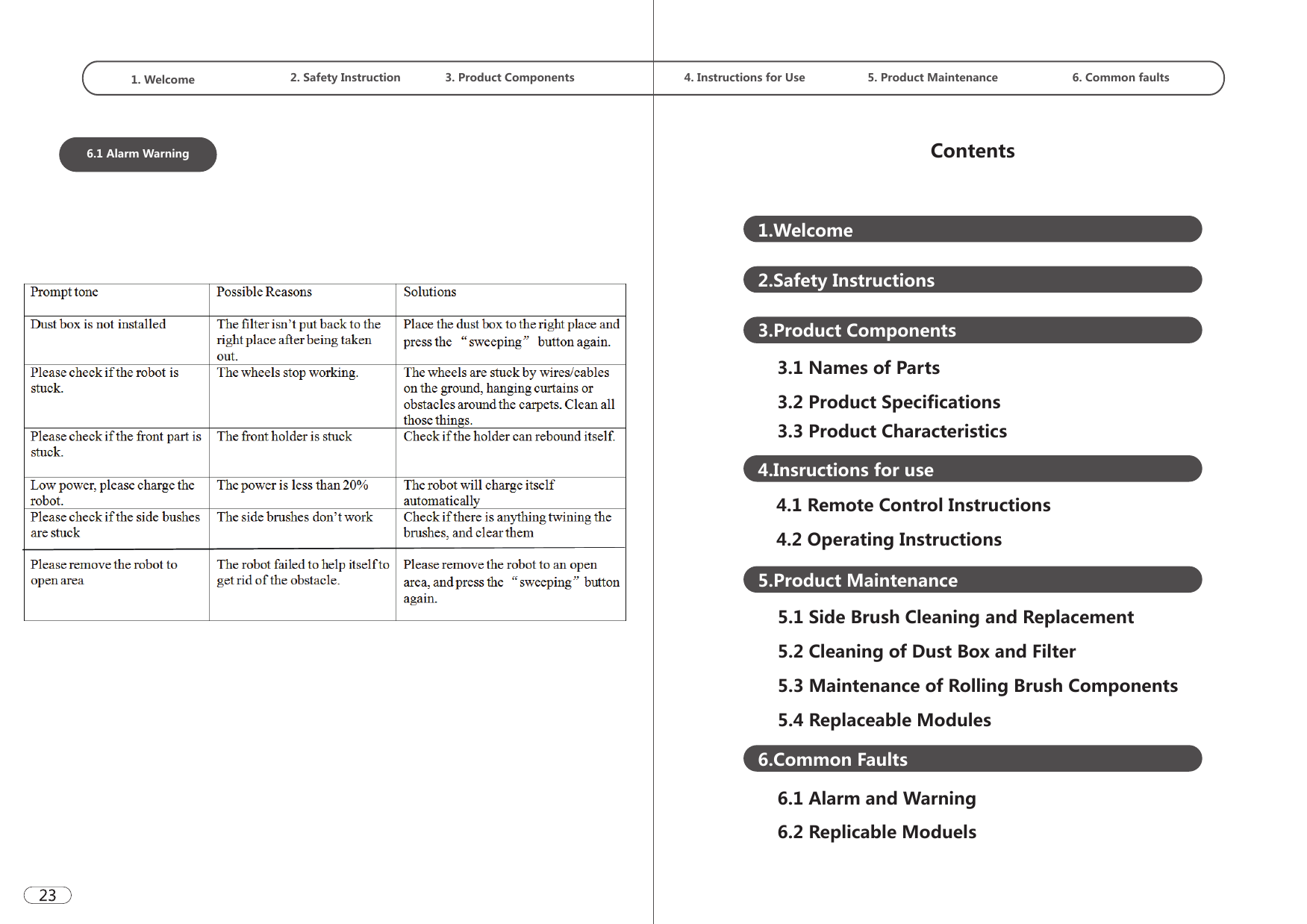 1. Welcome  2. Safety Instruction 3. Product Components  4. Instructions for Use 5. Product Maintenance 6. Common faults6.1 Alarm Warning Contents1.Welcome2.Safety Instructions 3.Product Components3.2 Product Specifications3.1 Names of Parts 3.3 Product Characteristics4.Insructions for use4.1 Remote Control Instructions 4.2 Operating Instructions 5.Product Maintenance5.1 Side Brush Cleaning and Replacement 5.2 Cleaning of Dust Box and Filter 5.3 Maintenance of Rolling Brush Components5.4 Replaceable Modules6.Common Faults6.1 Alarm and Warning6.2 Replicable Moduels