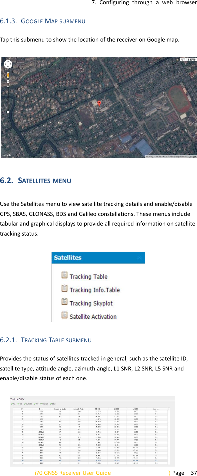 7. Configuring through a web browseri70 GNSS Receiver User Guide Page 376.1.3. GOOGLE MAP SUBMENUTap this submenu to show the location of the receiver on Google map.6.2. SATELLITES MENUUse the Satellites menu to view satellite tracking details and enable/disableGPS, SBAS, GLONASS, BDS and Galileo constellations. These menus includetabular and graphical displays to provide all required information on satellitetracking status.6.2.1. TRACKING TABLE SUBMENUProvides the status of satellites tracked in general, such as the satellite ID,satellite type, attitude angle, azimuth angle, L1 SNR, L2 SNR, L5 SNR andenable/disable status of each one.
