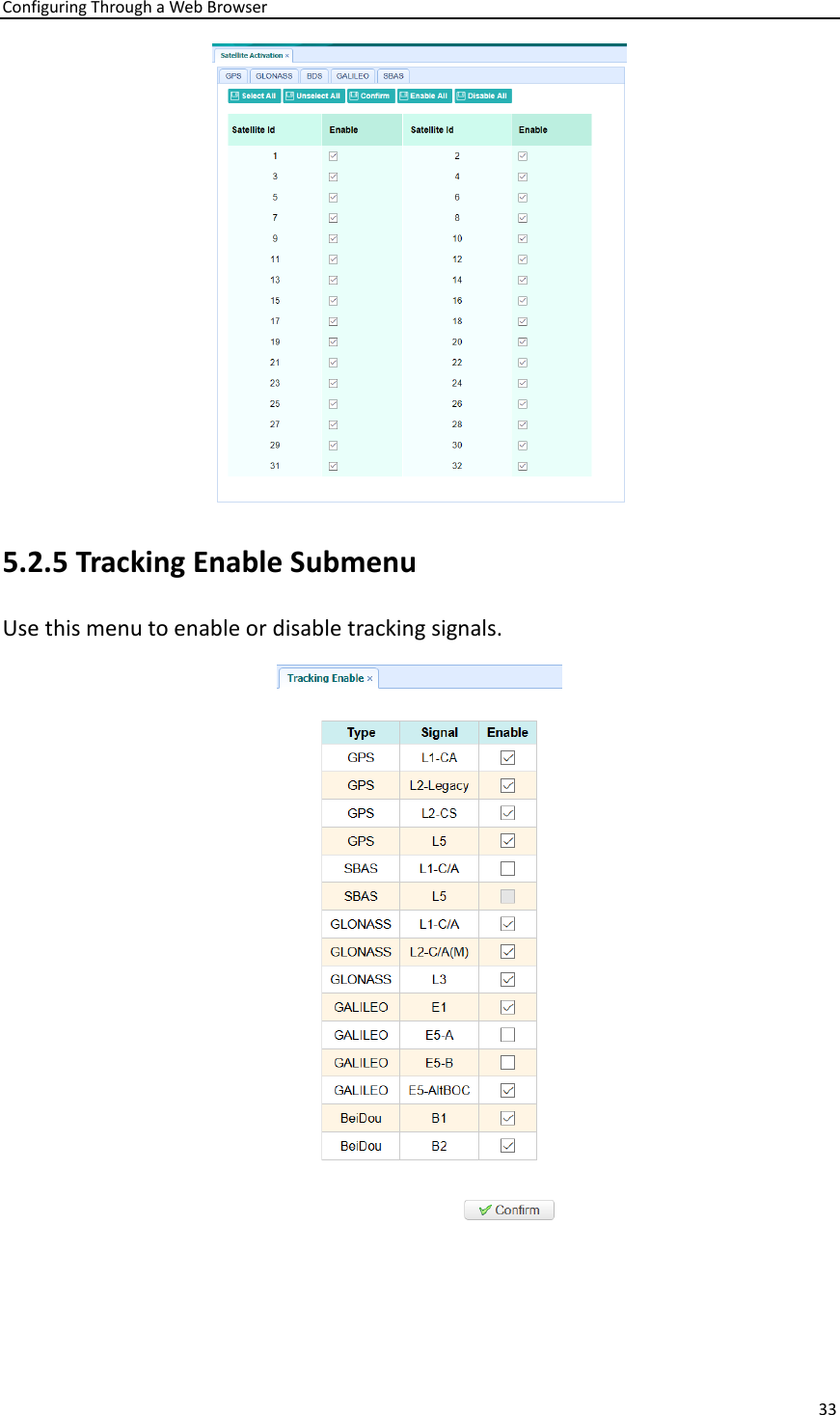 Configuring Through a Web Browser 33   5.2.5 Tracking Enable Submenu Use this menu to enable or disable tracking signals.  