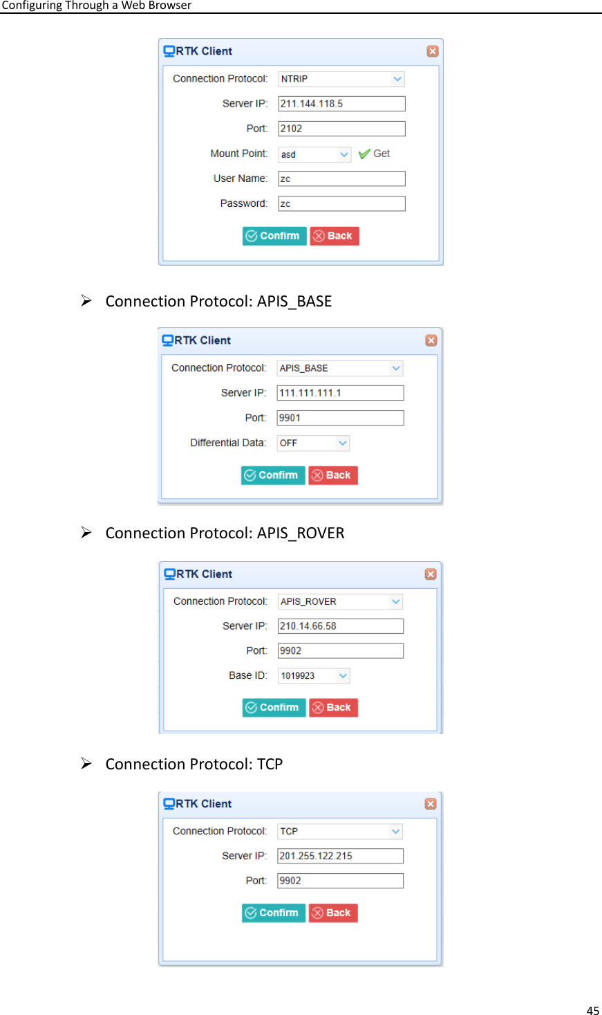 Configuring Through a Web Browser 45   ➢ Connection Protocol: APIS_BASE  ➢ Connection Protocol: APIS_ROVER  ➢ Connection Protocol: TCP  