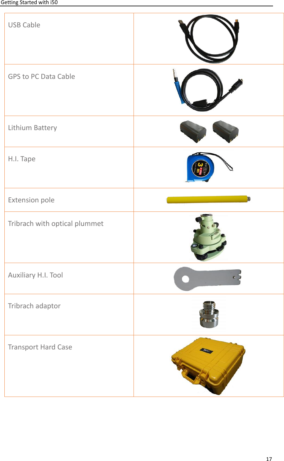 Getting Started with i50 17  USB Cable  GPS to PC Data Cable  Lithium Battery   H.I. Tape  Extension pole  Tribrach with optical plummet  Auxiliary H.I. Tool    Tribrach adaptor  Transport Hard Case  
