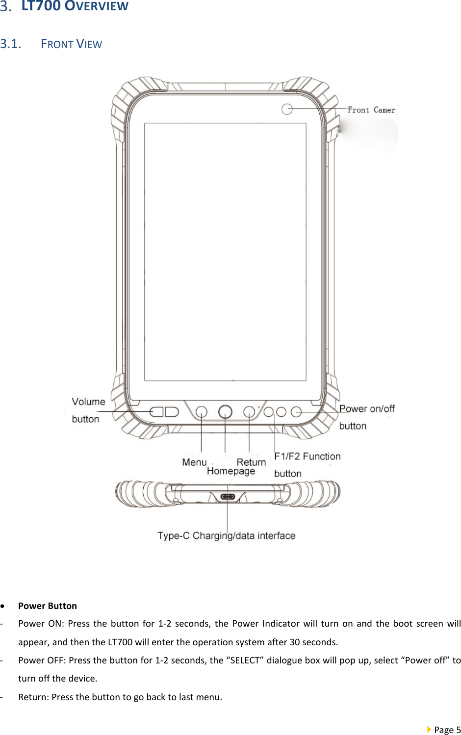  Page 5   LT700 OVERVIEW 3.1. FRONT VIEW   • Power Button - Power ON: Press the button for 1-2 seconds, the Power Indicator will turn on and the boot screen will appear, and then the LT700 will enter the operation system after 30 seconds.   - Power OFF: Press the button for 1-2 seconds, the “SELECT” dialogue box will pop up, select “Power off” to turn off the device.   - Return: Press the button to go back to last menu. 