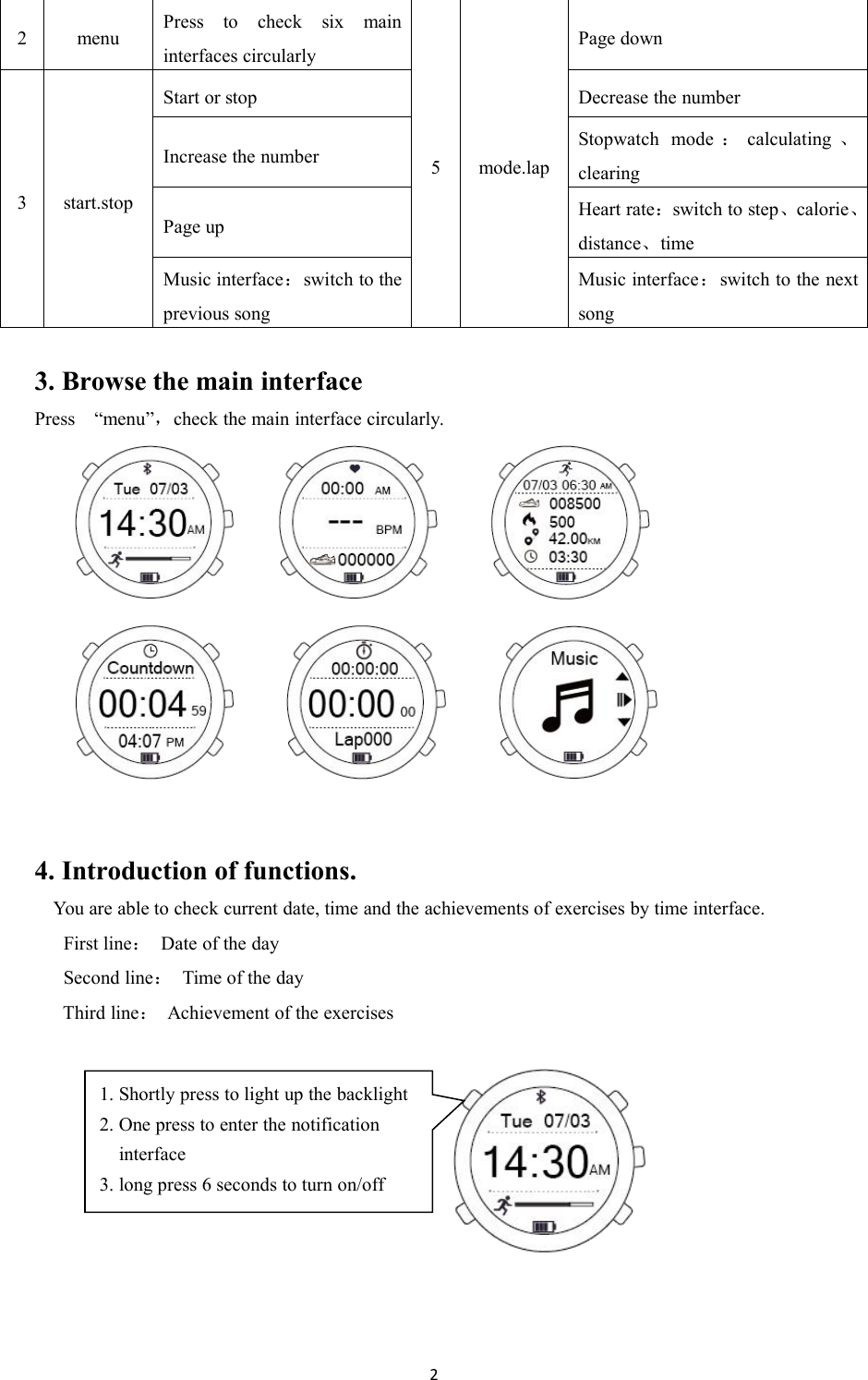 23. Browse the main interfacePress &ldquo;menu&rdquo;，check the main interface circularly.4. Introduction of functions.You are able to check current date, time and the achievements of exercises by time interface.First line：Date of the daySecond line：Time of the dayThird line：Achievement of the exercises2menuPress to check six maininterfaces circularly5mode.lapPage down3start.stopStart or stopDecrease the numberIncrease the numberStopwatch mode ：calculating 、clearingPage upHeart rate：switch to step、calorie、distance、timeMusic interface：switch to theprevious songMusic interface：switch to the nextsong1. Shortly press to light up the backlight2. One press to enter the notificationinterface3. long press 6 seconds to turn on/off