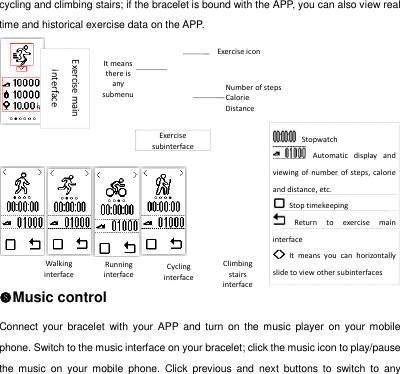 Exercise   subinterface    Climbing stairs interface  Cycling interface  Running interface  Walking interface  Exercise icon    Stopwatch   Automatic  display  and viewing  of number  of steps,  calorie and distance, etc.   Stop timekeeping   Return  to  exercise  main interface <>  It  means  you  can  horizontally slide to view other subinterfaces    cycling and climbing stairs; if the bracelet is bound with the APP, you can also view real time and historical exercise data on the APP.       Music control Connect your  bracelet  with  your APP and turn  on  the music  player  on  your mobile phone. Switch to the music interface on your bracelet; click the music icon to play/pause the  music  on  your  mobile  phone.  Click  previous  and  next  buttons  to switch  to  any Exercise main interface   Number of steps Calorie Distance  It means there is any submenu  