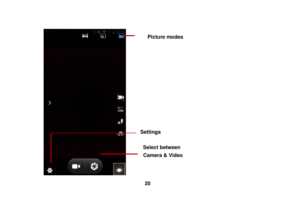   20   Select between   Camera &amp; Video Settings Picture modes 