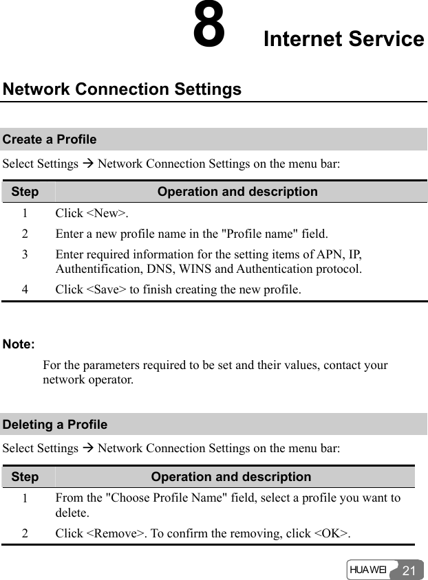  HUA WEI 218  Internet Service Network Connection Settings Create a Profile Select Settings Æ Network Connection Settings on the menu bar: Step  Operation and description 1 Click &lt;New&gt;. 2  Enter a new profile name in the &quot;Profile name&quot; field. 3  Enter required information for the setting items of APN, IP, Authentification, DNS, WINS and Authentication protocol. 4  Click &lt;Save&gt; to finish creating the new profile.  Note: For the parameters required to be set and their values, contact your network operator. Deleting a Profile Select Settings Æ Network Connection Settings on the menu bar: Step  Operation and description 1  From the &quot;Choose Profile Name&quot; field, select a profile you want to delete. 2  Click &lt;Remove&gt;. To confirm the removing, click &lt;OK&gt;. 