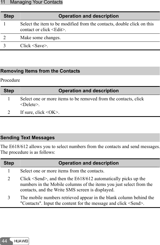 11  Managing Your Contacts HUA WEI 44 Step  Operation and description 1  Select the item to be modified from the contacts, double click on this contact or click &lt;Edit&gt;. 2  Make some changes. 3 Click &lt;Save&gt;.  Removing Items from the Contacts Procedure Step  Operation and description 1  Select one or more items to be removed from the contacts, click &lt;Delete&gt;. 2  If sure, click &lt;OK&gt;.  Sending Text Messages The E618/612 allows you to select numbers from the contacts and send messages. The procedure is as follows: Step  Operation and description 1  Select one or more items from the contacts. 2  Click &lt;Send&gt;, and then the E618/612 automatically picks up the numbers in the Mobile columns of the items you just select from the contacts, and the Write SMS screen is displayed. 3  The mobile numbers retrieved appear in the blank column behind the &quot;Contacts&quot;. Input the content for the message and click &lt;Send&gt;.  
