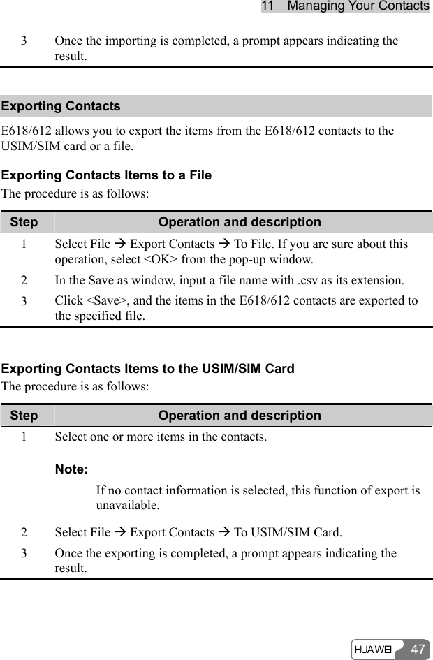 11  Managing Your Contacts HUA WEI 473  Once the importing is completed, a prompt appears indicating the result. Exporting Contacts E618/612 allows you to export the items from the E618/612 contacts to the USIM/SIM card or a file. Exporting Contacts Items to a File The procedure is as follows: Step  Operation and description 1  Select File Æ Export Contacts Æ To File. If you are sure about this operation, select &lt;OK&gt; from the pop-up window. 2  In the Save as window, input a file name with .csv as its extension. 3  Click &lt;Save&gt;, and the items in the E618/612 contacts are exported to the specified file.  Exporting Contacts Items to the USIM/SIM Card The procedure is as follows: Step  Operation and description 1  Select one or more items in the contacts. Note: If no contact information is selected, this function of export is unavailable. 2 Select File Æ Export Contacts Æ To USIM/SIM Card. 3  Once the exporting is completed, a prompt appears indicating the result.  