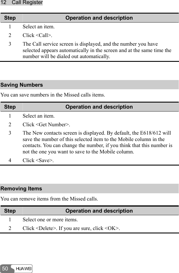 12  Call Register HUA WEI 50 Step  Operation and description 1  Select an item. 2 Click &lt;Call&gt;. 3  The Call service screen is displayed, and the number you have selected appears automatically in the screen and at the same time the number will be dialed out automatically.  Saving Numbers You can save numbers in the Missed calls items. Step  Operation and description 1  Select an item. 2  Click &lt;Get Number&gt;. 3  The New contacts screen is displayed. By default, the E618/612 will save the number of this selected item to the Mobile column in the contacts. You can change the number, if you think that this number is not the one you want to save to the Mobile column. 4 Click &lt;Save&gt;.  Removing Items You can remove items from the Missed calls. Step  Operation and description 1  Select one or more items. 2  Click &lt;Delete&gt;. If you are sure, click &lt;OK&gt;.  