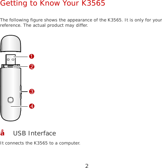 2 Getting to Know Your K3565  The following figure shows the appearance of the K3565. It is only for your reference. The actual product may differ. 1234 Œ USB Interface It connects the K3565 to a computer. 