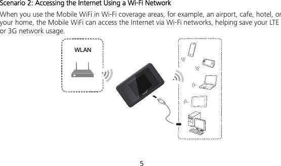 5 Scenario 2: Accessing the Internet Using a Wi-Fi Network When you use the Mobile WiFi in Wi-Fi coverage areas, for example, an airport, cafe, hotel, or your home, the Mobile WiFi can access the Internet via Wi-Fi networks, helping save your LTE or 3G network usage. WLAN  