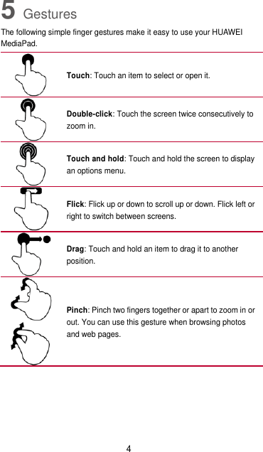 4 5 Gestures The following simple finger gestures make it easy to use your HUAWEI MediaPad.  Touch: Touch an item to select or open it.  Double-click: Touch the screen twice consecutively to zoom in.    Touch and hold: Touch and hold the screen to display an options menu.  Flick: Flick up or down to scroll up or down. Flick left or right to switch between screens.    Drag: Touch and hold an item to drag it to another position.    Pinch: Pinch two fingers together or apart to zoom in or out. You can use this gesture when browsing photos and web pages.    
