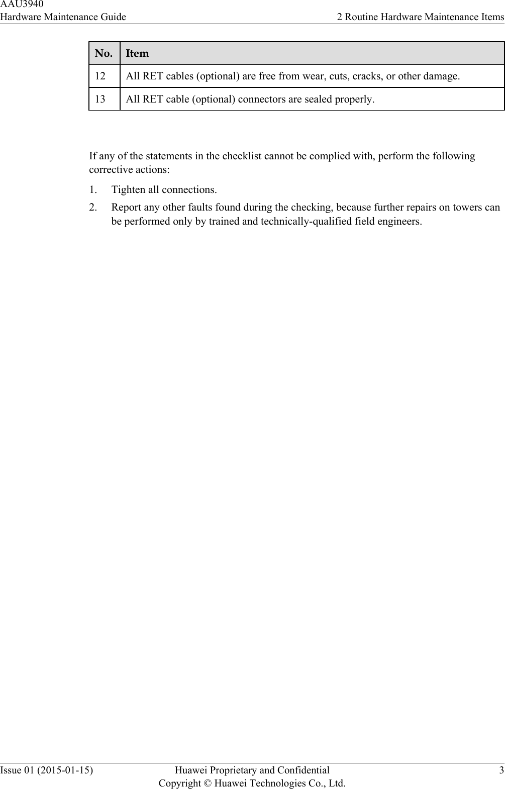 No. Item12 All RET cables (optional) are free from wear, cuts, cracks, or other damage.13 All RET cable (optional) connectors are sealed properly. If any of the statements in the checklist cannot be complied with, perform the followingcorrective actions:1. Tighten all connections.2. Report any other faults found during the checking, because further repairs on towers canbe performed only by trained and technically-qualified field engineers.AAU3940Hardware Maintenance Guide 2 Routine Hardware Maintenance ItemsIssue 01 (2015-01-15) Huawei Proprietary and ConfidentialCopyright © Huawei Technologies Co., Ltd.3