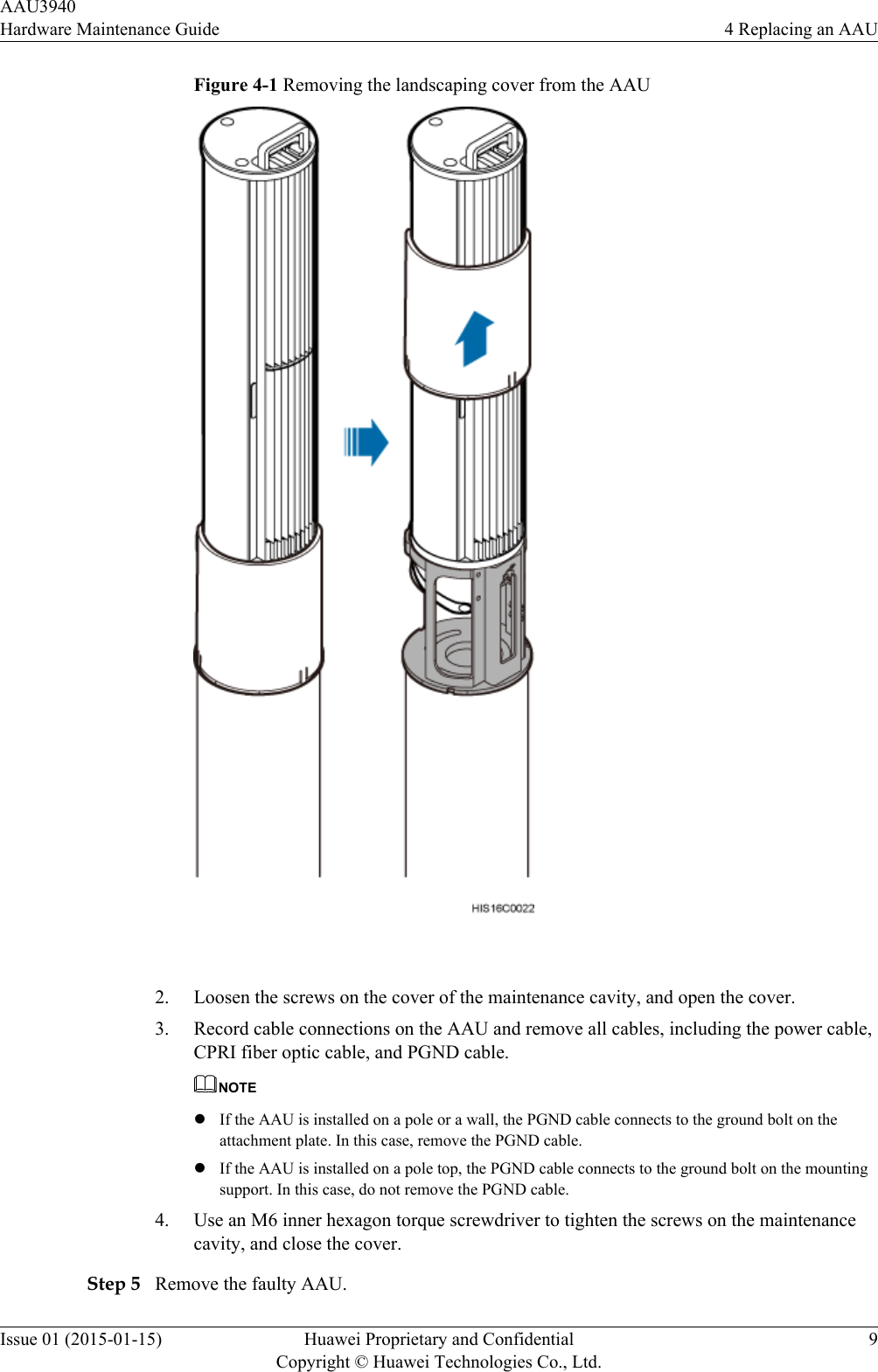 Figure 4-1 Removing the landscaping cover from the AAU 2. Loosen the screws on the cover of the maintenance cavity, and open the cover.3. Record cable connections on the AAU and remove all cables, including the power cable,CPRI fiber optic cable, and PGND cable.NOTElIf the AAU is installed on a pole or a wall, the PGND cable connects to the ground bolt on theattachment plate. In this case, remove the PGND cable.lIf the AAU is installed on a pole top, the PGND cable connects to the ground bolt on the mountingsupport. In this case, do not remove the PGND cable.4. Use an M6 inner hexagon torque screwdriver to tighten the screws on the maintenancecavity, and close the cover.Step 5 Remove the faulty AAU.AAU3940Hardware Maintenance Guide 4 Replacing an AAUIssue 01 (2015-01-15) Huawei Proprietary and ConfidentialCopyright © Huawei Technologies Co., Ltd.9