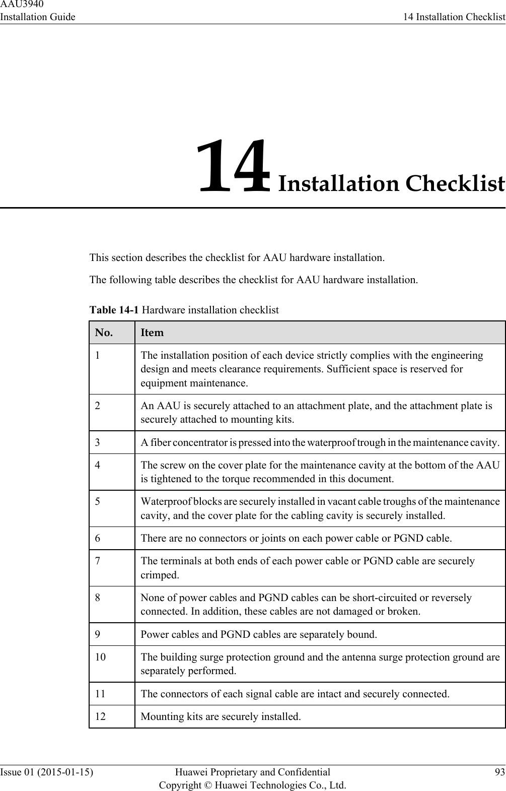 14 Installation ChecklistThis section describes the checklist for AAU hardware installation.The following table describes the checklist for AAU hardware installation.Table 14-1 Hardware installation checklistNo. Item1The installation position of each device strictly complies with the engineeringdesign and meets clearance requirements. Sufficient space is reserved forequipment maintenance.2 An AAU is securely attached to an attachment plate, and the attachment plate issecurely attached to mounting kits.3 A fiber concentrator is pressed into the waterproof trough in the maintenance cavity.4 The screw on the cover plate for the maintenance cavity at the bottom of the AAUis tightened to the torque recommended in this document.5 Waterproof blocks are securely installed in vacant cable troughs of the maintenancecavity, and the cover plate for the cabling cavity is securely installed.6 There are no connectors or joints on each power cable or PGND cable.7 The terminals at both ends of each power cable or PGND cable are securelycrimped.8 None of power cables and PGND cables can be short-circuited or reverselyconnected. In addition, these cables are not damaged or broken.9 Power cables and PGND cables are separately bound.10 The building surge protection ground and the antenna surge protection ground areseparately performed.11 The connectors of each signal cable are intact and securely connected.12 Mounting kits are securely installed.AAU3940Installation Guide 14 Installation ChecklistIssue 01 (2015-01-15) Huawei Proprietary and ConfidentialCopyright © Huawei Technologies Co., Ltd.93