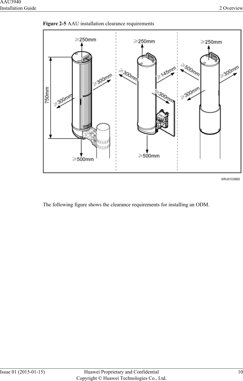 Figure 2-5 AAU installation clearance requirements The following figure shows the clearance requirements for installing an ODM.AAU3940Installation Guide 2 OverviewIssue 01 (2015-01-15) Huawei Proprietary and ConfidentialCopyright © Huawei Technologies Co., Ltd.10