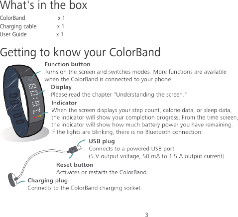 3 What&apos;s in the box ColorBand           x 1 Charging cable       x 1 User Guide          x 1 Getting to know your ColorBand  
