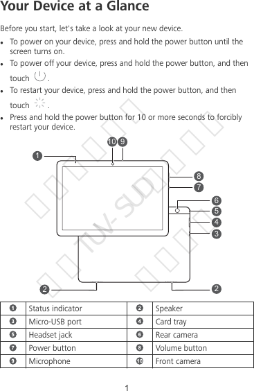 Your Device at a GlanceBefore you start, let&apos;s take a look at your new device.lTo power on your device, press and hold the power button until thescreen turns on.lTo power off your device, press and hold the power button, and thentouch  .lTo restart your device, press and hold the power button, and thentouch  .lPress and hold the power button for 10 or more seconds to forciblyrestart your device.22456110 3789Status indicator SpeakerMicro-USB port Card trayHeadset jack Rear cameraPower button Volume buttonMicrophone Front camera1华为信息资产  仅供TUV-SUD公司使用  严禁扩散