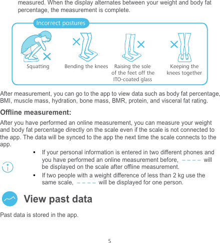  5 measured. When the display alternates between your weight and body fat percentage, the measurement is complete.    After measurement, you can go to the app to view data such as body fat percentage, BMI, muscle mass, hydration, bone mass, BMR, protein, and visceral fat rating. Offline measurement: After you have performed an online measurement, you can measure your weight and body fat percentage directly on the scale even if the scale is not connected to the app. The data will be synced to the app the next time the scale connects to the app.   If your personal information is entered in two different phones and you have performed an online measurement before, will be displayed on the scale after offline measurement.  If two people with a weight difference of less than 2 kg use the same scale, will be displayed for one person.  View past data Past data is stored in the app. Incorrect posturesSquatting Bending the knees Raising the soleof the feet off theITO-coated glassKeeping theknees together