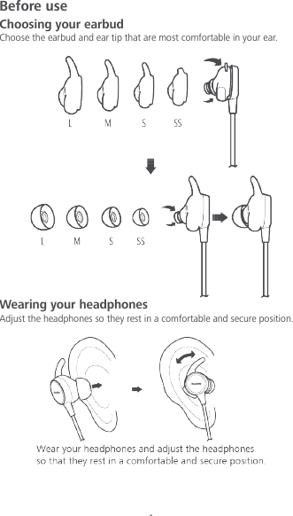 1 Before use Choosing your earbud Choose the earbud and ear tip that are most comfortable in your ear.   Wearing your headphones Adjust the headphones so they rest in a comfortable and secure position.     