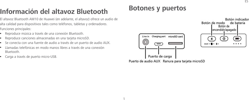 ES 1 Información del altavoz Bluetooth El altavoz Bluetooth AM10 de Huawei (en adelante, el altavoz) ofrece un audio de alta calidad para dispositivos tales como teléfonos, tabletas y ordenadores. Funciones principales: z Reproduce música a través de una conexión Bluetooth. z Reproduce canciones almacenadas en una tarjeta microSD. z Se conecta con una fuente de audio a través de un puerto de audio AUX. z Llamadas telefónicas en modo manos libres a través de una conexión Bluetooth. z Carga a través de puerto micro-USB.     Botones y puertos     