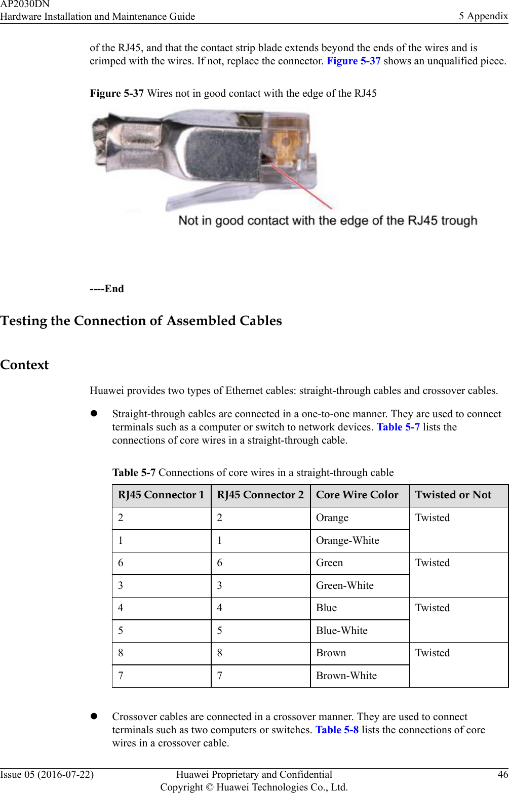 of the RJ45, and that the contact strip blade extends beyond the ends of the wires and iscrimped with the wires. If not, replace the connector. Figure 5-37 shows an unqualified piece.Figure 5-37 Wires not in good contact with the edge of the RJ45 ----EndTesting the Connection of Assembled CablesContextHuawei provides two types of Ethernet cables: straight-through cables and crossover cables.lStraight-through cables are connected in a one-to-one manner. They are used to connectterminals such as a computer or switch to network devices. Table 5-7 lists theconnections of core wires in a straight-through cable.Table 5-7 Connections of core wires in a straight-through cableRJ45 Connector 1 RJ45 Connector 2 Core Wire Color Twisted or Not2 2 Orange Twisted1 1 Orange-White6 6 Green Twisted3 3 Green-White4 4 Blue Twisted5 5 Blue-White8 8 Brown Twisted7 7 Brown-White lCrossover cables are connected in a crossover manner. They are used to connectterminals such as two computers or switches. Table 5-8 lists the connections of corewires in a crossover cable.AP2030DNHardware Installation and Maintenance Guide 5 AppendixIssue 05 (2016-07-22) Huawei Proprietary and ConfidentialCopyright © Huawei Technologies Co., Ltd.46
