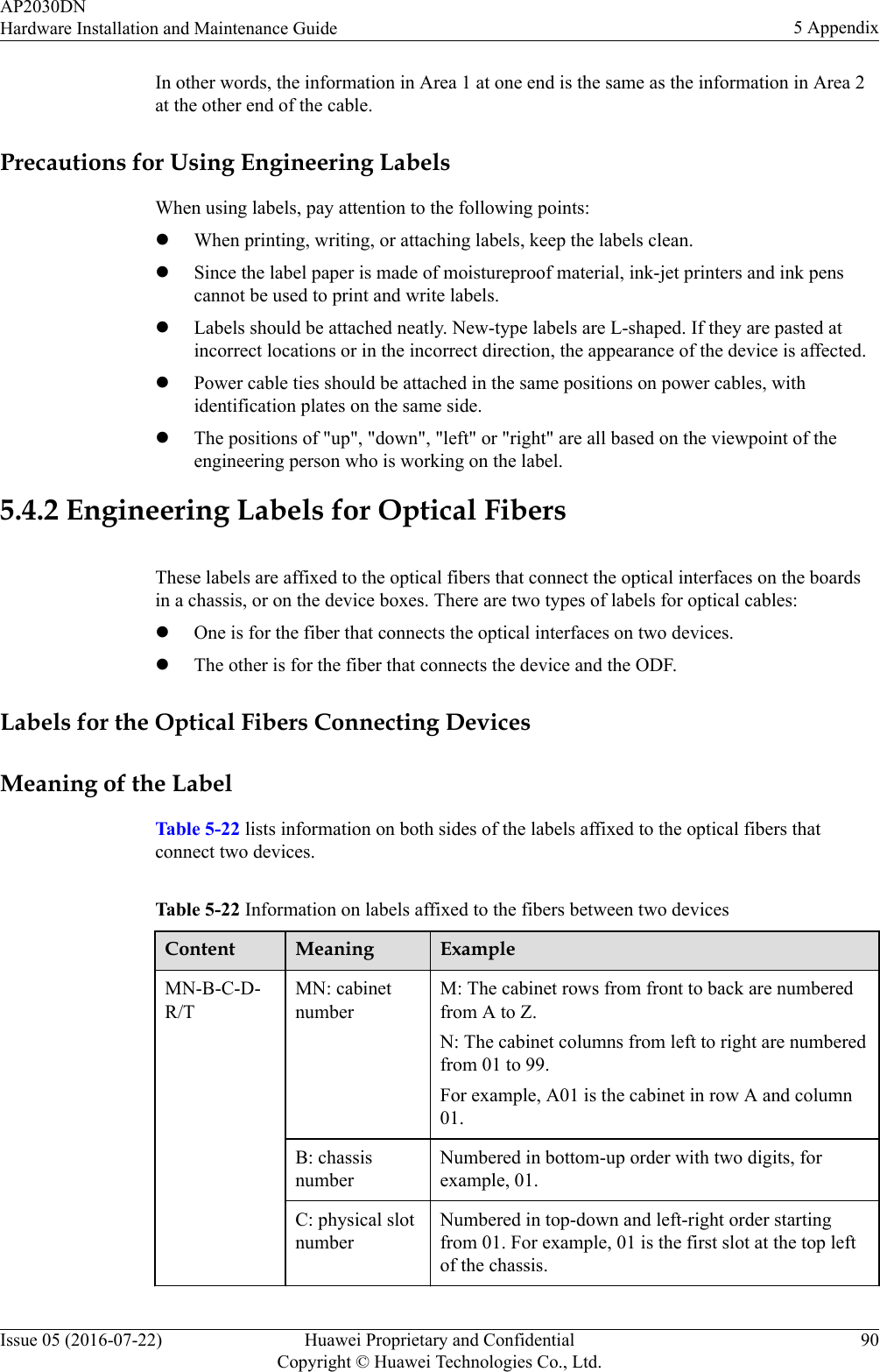 In other words, the information in Area 1 at one end is the same as the information in Area 2at the other end of the cable.Precautions for Using Engineering LabelsWhen using labels, pay attention to the following points:lWhen printing, writing, or attaching labels, keep the labels clean.lSince the label paper is made of moistureproof material, ink-jet printers and ink penscannot be used to print and write labels.lLabels should be attached neatly. New-type labels are L-shaped. If they are pasted atincorrect locations or in the incorrect direction, the appearance of the device is affected.lPower cable ties should be attached in the same positions on power cables, withidentification plates on the same side.lThe positions of &quot;up&quot;, &quot;down&quot;, &quot;left&quot; or &quot;right&quot; are all based on the viewpoint of theengineering person who is working on the label.5.4.2 Engineering Labels for Optical FibersThese labels are affixed to the optical fibers that connect the optical interfaces on the boardsin a chassis, or on the device boxes. There are two types of labels for optical cables:lOne is for the fiber that connects the optical interfaces on two devices.lThe other is for the fiber that connects the device and the ODF.Labels for the Optical Fibers Connecting DevicesMeaning of the LabelTable 5-22 lists information on both sides of the labels affixed to the optical fibers thatconnect two devices.Table 5-22 Information on labels affixed to the fibers between two devicesContent Meaning ExampleMN-B-C-D-R/TMN: cabinetnumberM: The cabinet rows from front to back are numberedfrom A to Z.N: The cabinet columns from left to right are numberedfrom 01 to 99.For example, A01 is the cabinet in row A and column01.B: chassisnumberNumbered in bottom-up order with two digits, forexample, 01.C: physical slotnumberNumbered in top-down and left-right order startingfrom 01. For example, 01 is the first slot at the top leftof the chassis.AP2030DNHardware Installation and Maintenance Guide 5 AppendixIssue 05 (2016-07-22) Huawei Proprietary and ConfidentialCopyright © Huawei Technologies Co., Ltd.90