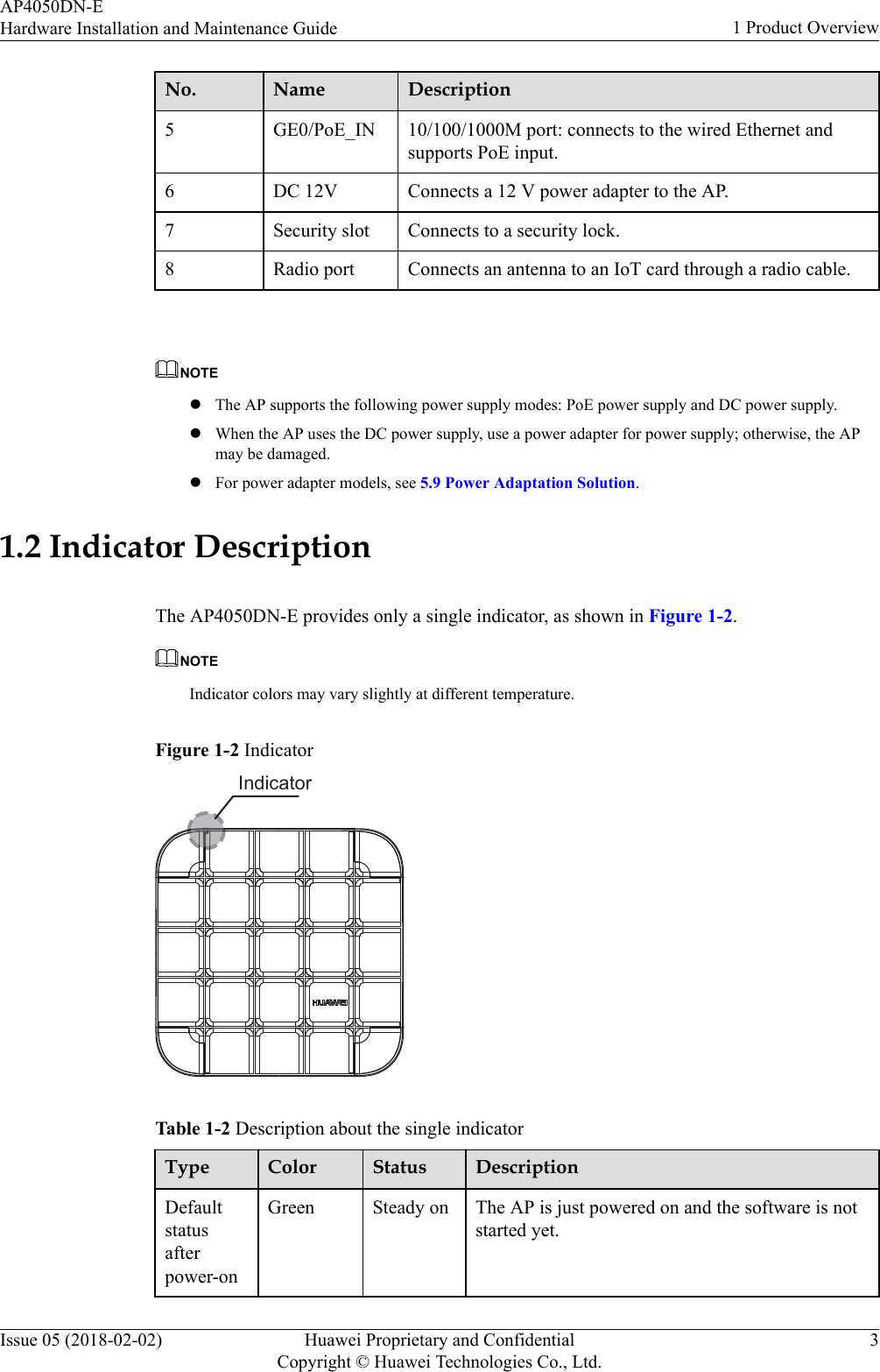 No. Name Description5 GE0/PoE_IN 10/100/1000M port: connects to the wired Ethernet andsupports PoE input.6 DC 12V Connects a 12 V power adapter to the AP.7 Security slot Connects to a security lock.8 Radio port Connects an antenna to an IoT card through a radio cable. NOTElThe AP supports the following power supply modes: PoE power supply and DC power supply.lWhen the AP uses the DC power supply, use a power adapter for power supply; otherwise, the APmay be damaged.lFor power adapter models, see 5.9 Power Adaptation Solution.1.2 Indicator DescriptionThe AP4050DN-E provides only a single indicator, as shown in Figure 1-2.NOTEIndicator colors may vary slightly at different temperature.Figure 1-2 IndicatorIndicatorTable 1-2 Description about the single indicatorType Color Status DescriptionDefaultstatusafterpower-onGreen Steady on The AP is just powered on and the software is notstarted yet.AP4050DN-EHardware Installation and Maintenance Guide 1 Product OverviewIssue 05 (2018-02-02) Huawei Proprietary and ConfidentialCopyright © Huawei Technologies Co., Ltd.3