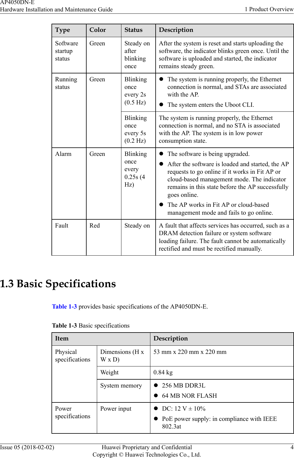 Type Color Status DescriptionSoftwarestartupstatusGreen Steady onafterblinkingonceAfter the system is reset and starts uploading thesoftware, the indicator blinks green once. Until thesoftware is uploaded and started, the indicatorremains steady green.RunningstatusGreen Blinkingonceevery 2s(0.5 Hz)lThe system is running properly, the Ethernetconnection is normal, and STAs are associatedwith the AP.lThe system enters the Uboot CLI.Blinkingonceevery 5s(0.2 Hz)The system is running properly, the Ethernetconnection is normal, and no STA is associatedwith the AP. The system is in low powerconsumption state.Alarm Green Blinkingonceevery0.25s (4Hz)lThe software is being upgraded.lAfter the software is loaded and started, the APrequests to go online if it works in Fit AP orcloud-based management mode. The indicatorremains in this state before the AP successfullygoes online.lThe AP works in Fit AP or cloud-basedmanagement mode and fails to go online.Fault Red Steady on A fault that affects services has occurred, such as aDRAM detection failure or system softwareloading failure. The fault cannot be automaticallyrectified and must be rectified manually. 1.3 Basic SpecificationsTable 1-3 provides basic specifications of the AP4050DN-E.Table 1-3 Basic specificationsItem DescriptionPhysicalspecificationsDimensions (H xW x D)53 mm x 220 mm x 220 mmWeight 0.84 kgSystem memory l256 MB DDR3Ll64 MB NOR FLASHPowerspecificationsPower input lDC: 12 V ± 10%lPoE power supply: in compliance with IEEE802.3atAP4050DN-EHardware Installation and Maintenance Guide 1 Product OverviewIssue 05 (2018-02-02) Huawei Proprietary and ConfidentialCopyright © Huawei Technologies Co., Ltd.4