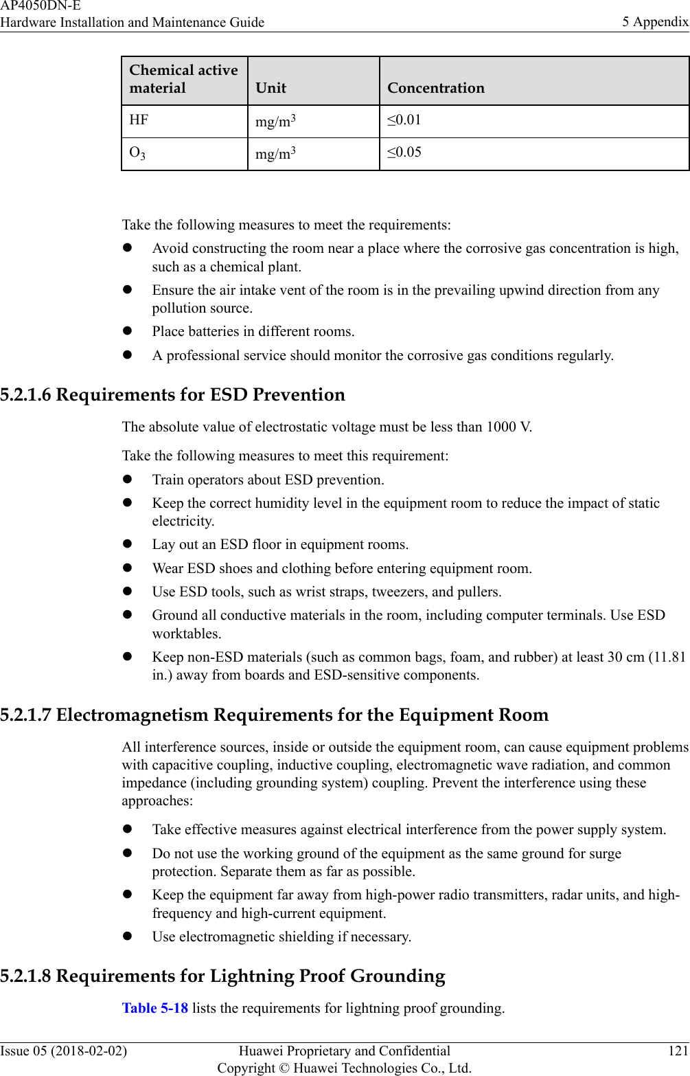 Chemical activematerial Unit ConcentrationHF mg/m3≤0.01O3mg/m3≤0.05 Take the following measures to meet the requirements:lAvoid constructing the room near a place where the corrosive gas concentration is high,such as a chemical plant.lEnsure the air intake vent of the room is in the prevailing upwind direction from anypollution source.lPlace batteries in different rooms.lA professional service should monitor the corrosive gas conditions regularly.5.2.1.6 Requirements for ESD PreventionThe absolute value of electrostatic voltage must be less than 1000 V.Take the following measures to meet this requirement:lTrain operators about ESD prevention.lKeep the correct humidity level in the equipment room to reduce the impact of staticelectricity.lLay out an ESD floor in equipment rooms.lWear ESD shoes and clothing before entering equipment room.lUse ESD tools, such as wrist straps, tweezers, and pullers.lGround all conductive materials in the room, including computer terminals. Use ESDworktables.lKeep non-ESD materials (such as common bags, foam, and rubber) at least 30 cm (11.81in.) away from boards and ESD-sensitive components.5.2.1.7 Electromagnetism Requirements for the Equipment RoomAll interference sources, inside or outside the equipment room, can cause equipment problemswith capacitive coupling, inductive coupling, electromagnetic wave radiation, and commonimpedance (including grounding system) coupling. Prevent the interference using theseapproaches:lTake effective measures against electrical interference from the power supply system.lDo not use the working ground of the equipment as the same ground for surgeprotection. Separate them as far as possible.lKeep the equipment far away from high-power radio transmitters, radar units, and high-frequency and high-current equipment.lUse electromagnetic shielding if necessary.5.2.1.8 Requirements for Lightning Proof GroundingTable 5-18 lists the requirements for lightning proof grounding.AP4050DN-EHardware Installation and Maintenance Guide 5 AppendixIssue 05 (2018-02-02) Huawei Proprietary and ConfidentialCopyright © Huawei Technologies Co., Ltd.121