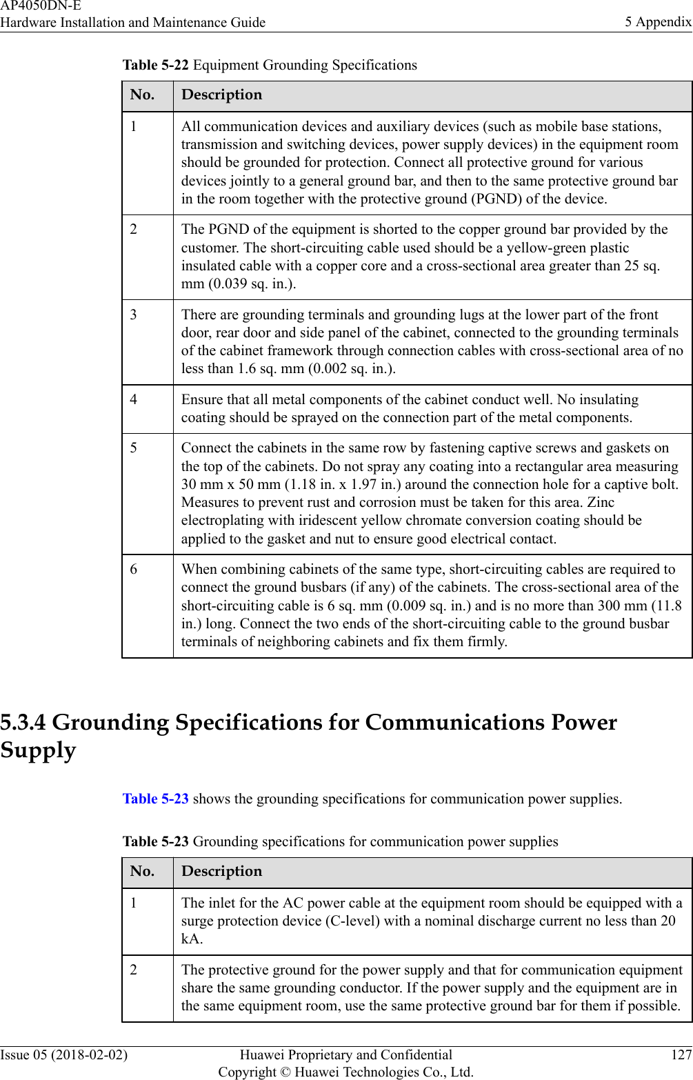 Table 5-22 Equipment Grounding SpecificationsNo. Description1 All communication devices and auxiliary devices (such as mobile base stations,transmission and switching devices, power supply devices) in the equipment roomshould be grounded for protection. Connect all protective ground for variousdevices jointly to a general ground bar, and then to the same protective ground barin the room together with the protective ground (PGND) of the device.2 The PGND of the equipment is shorted to the copper ground bar provided by thecustomer. The short-circuiting cable used should be a yellow-green plasticinsulated cable with a copper core and a cross-sectional area greater than 25 sq.mm (0.039 sq. in.).3 There are grounding terminals and grounding lugs at the lower part of the frontdoor, rear door and side panel of the cabinet, connected to the grounding terminalsof the cabinet framework through connection cables with cross-sectional area of noless than 1.6 sq. mm (0.002 sq. in.).4 Ensure that all metal components of the cabinet conduct well. No insulatingcoating should be sprayed on the connection part of the metal components.5 Connect the cabinets in the same row by fastening captive screws and gaskets onthe top of the cabinets. Do not spray any coating into a rectangular area measuring30 mm x 50 mm (1.18 in. x 1.97 in.) around the connection hole for a captive bolt.Measures to prevent rust and corrosion must be taken for this area. Zincelectroplating with iridescent yellow chromate conversion coating should beapplied to the gasket and nut to ensure good electrical contact.6 When combining cabinets of the same type, short-circuiting cables are required toconnect the ground busbars (if any) of the cabinets. The cross-sectional area of theshort-circuiting cable is 6 sq. mm (0.009 sq. in.) and is no more than 300 mm (11.8in.) long. Connect the two ends of the short-circuiting cable to the ground busbarterminals of neighboring cabinets and fix them firmly. 5.3.4 Grounding Specifications for Communications PowerSupplyTable 5-23 shows the grounding specifications for communication power supplies.Table 5-23 Grounding specifications for communication power suppliesNo. Description1 The inlet for the AC power cable at the equipment room should be equipped with asurge protection device (C-level) with a nominal discharge current no less than 20kA.2 The protective ground for the power supply and that for communication equipmentshare the same grounding conductor. If the power supply and the equipment are inthe same equipment room, use the same protective ground bar for them if possible.AP4050DN-EHardware Installation and Maintenance Guide 5 AppendixIssue 05 (2018-02-02) Huawei Proprietary and ConfidentialCopyright © Huawei Technologies Co., Ltd.127