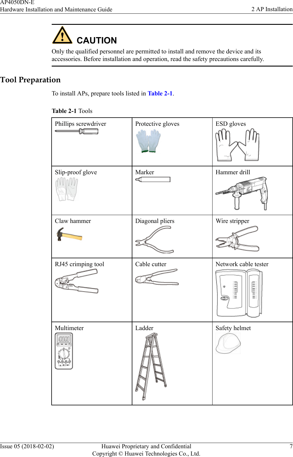 CAUTIONOnly the qualified personnel are permitted to install and remove the device and itsaccessories. Before installation and operation, read the safety precautions carefully.Tool PreparationTo install APs, prepare tools listed in Table 2-1.Table 2-1 ToolsPhillips screwdriver Protective gloves ESD glovesSlip-proof glove Marker Hammer drillClaw hammer Diagonal pliers Wire stripperRJ45 crimping tool Cable cutter Network cable testerMultimeter Ladder Safety helmetAP4050DN-EHardware Installation and Maintenance Guide 2 AP InstallationIssue 05 (2018-02-02) Huawei Proprietary and ConfidentialCopyright © Huawei Technologies Co., Ltd.7