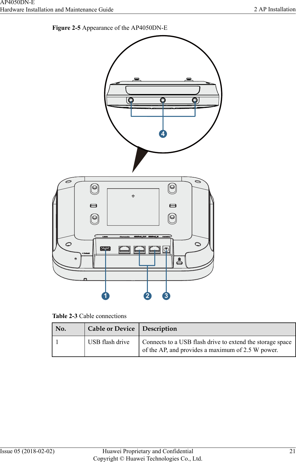 Figure 2-5 Appearance of the AP4050DN-E31 24Table 2-3 Cable connectionsNo. Cable or Device Description1 USB flash drive Connects to a USB flash drive to extend the storage spaceof the AP, and provides a maximum of 2.5 W power.AP4050DN-EHardware Installation and Maintenance Guide 2 AP InstallationIssue 05 (2018-02-02) Huawei Proprietary and ConfidentialCopyright © Huawei Technologies Co., Ltd.21